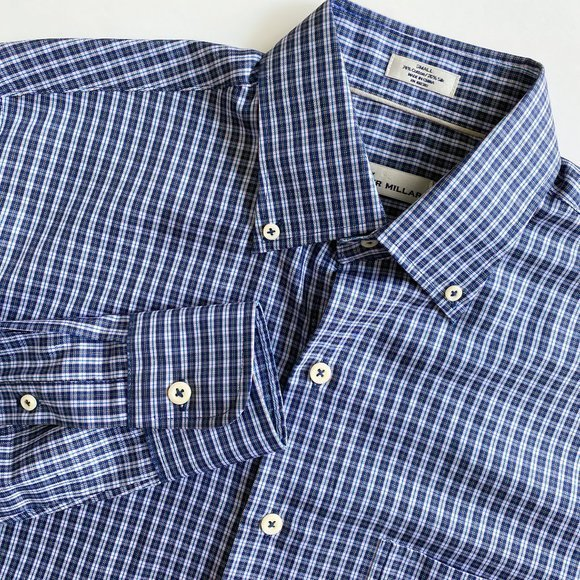PETER MILLAR Mens Crown Soft Silk Blend Blue Plaid Long Sleeve Button Shirt Sz S - Picture 1 of 7